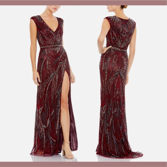 NWT $598 Mac Duggal [ 12 ] Intricate Beaded V-Neck High Slit Gown Burgundy‎ Red - Picture 2 of 15